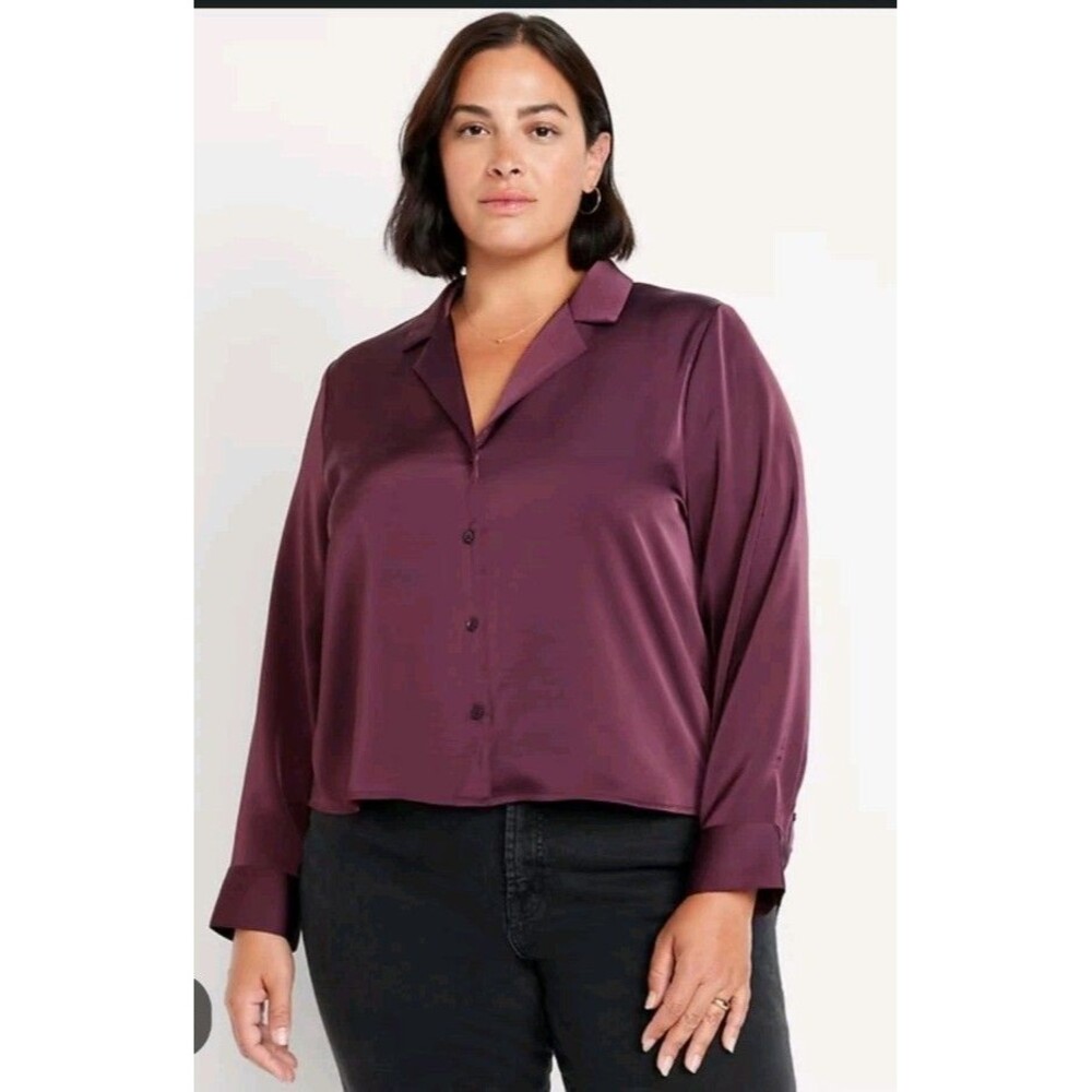 OLD NAVY Women's Satin Shirt 4X Crop Button Down Cherry Bark Red NWT